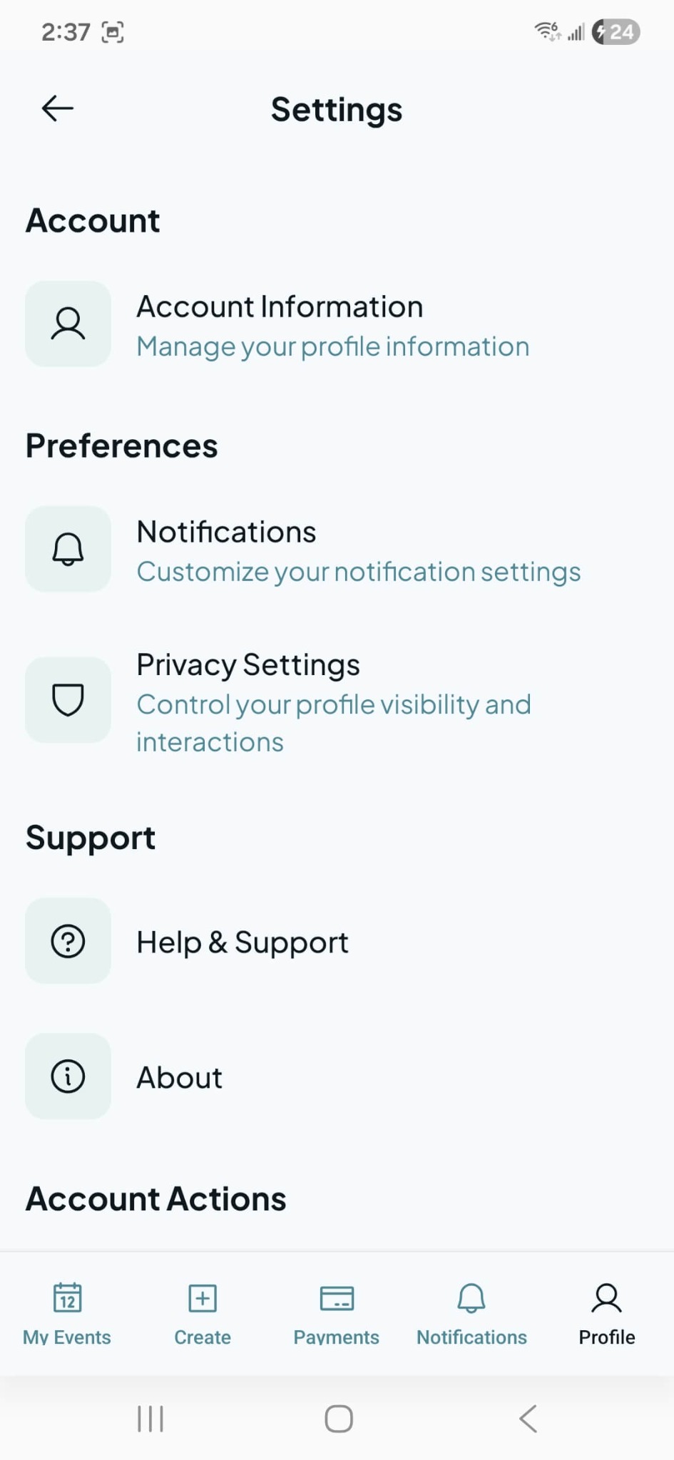 Account settings screen